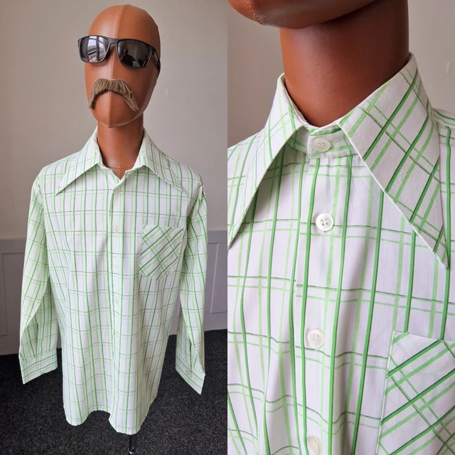 Camicia Vintage Anni 70 Collare Pugnale | XL | Verde Check Mod Disco Collare Grande BC65