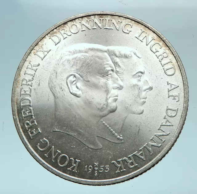 1953 DENMARK King Frederick IX & Queen Ingrid Silver GREENLAND MAP Coin i78577 2