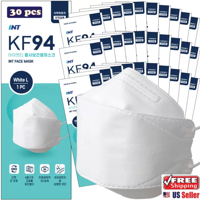 【 30 Pack 】 INT KF94 Certified White Face Mask,4-Layered,3D Ergonomic Mask