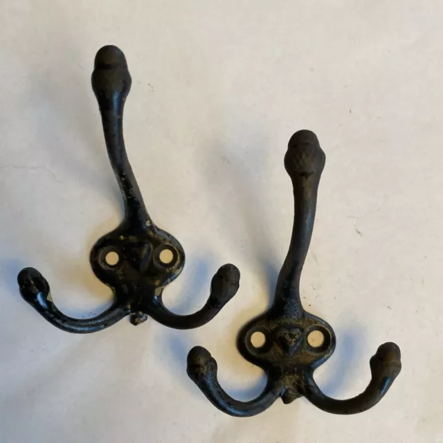 2 Antique Vintage Triple Coat Hooks School Acorn Design Rustic Iron heart