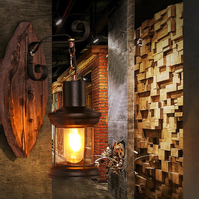 2xAntik Retro Vintage Industriell Holz Wandleuchte Wand Lampe Wandleuchter Licht 6