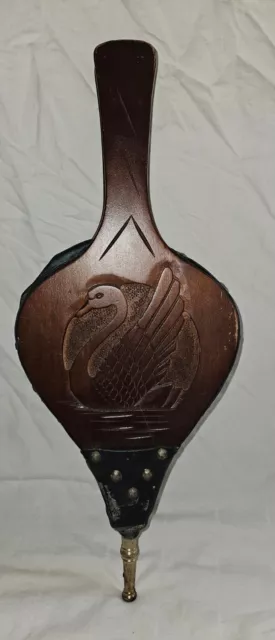 Carved Wood Swan Vintage Fireplace Bellows Leather Brass Taiwan