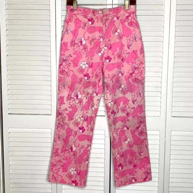 Vintage LILLY PULITZER Pink Cotton Jungle Cat Print Pants 6 - AS IS FOR FABRIC