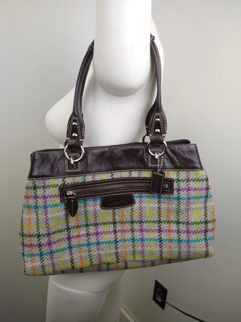 Darling Coach Plaid Wool Tweed Tote Bag W/ Brown Leather Trim Silver Tone H-Ware