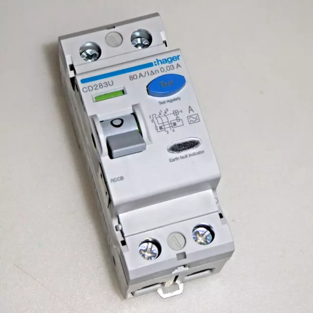 1 x Hager CD283U 80 Amp 30mA Double Pole A Type RCD 80A 2P RCCB Trip AC & DC