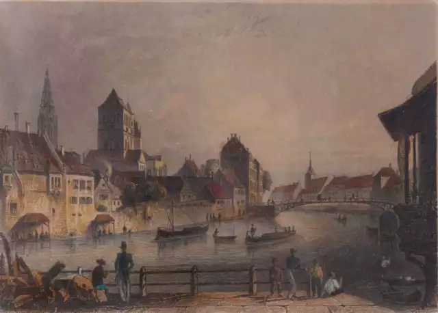 Die St. Thomas Brücke zu Straßburg (Elsass) kolorierter Stahlstich um 1840