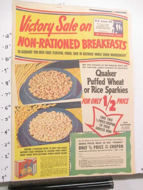 newspaper ad 1940s Quaker Puffed Wheat Rice cereal box WWII American Weekly 1/2