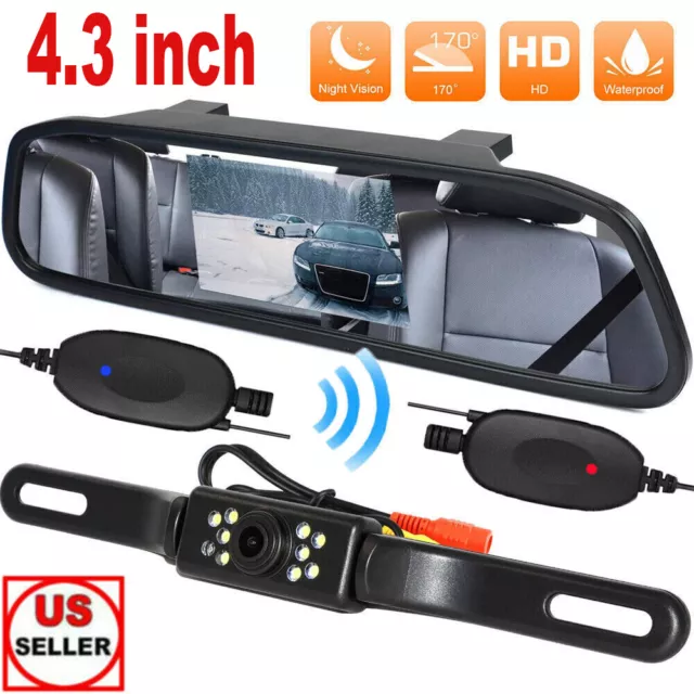 4.3" Backup Camera Mirror Wireless Car Rear View Night Vision Parking System Kit