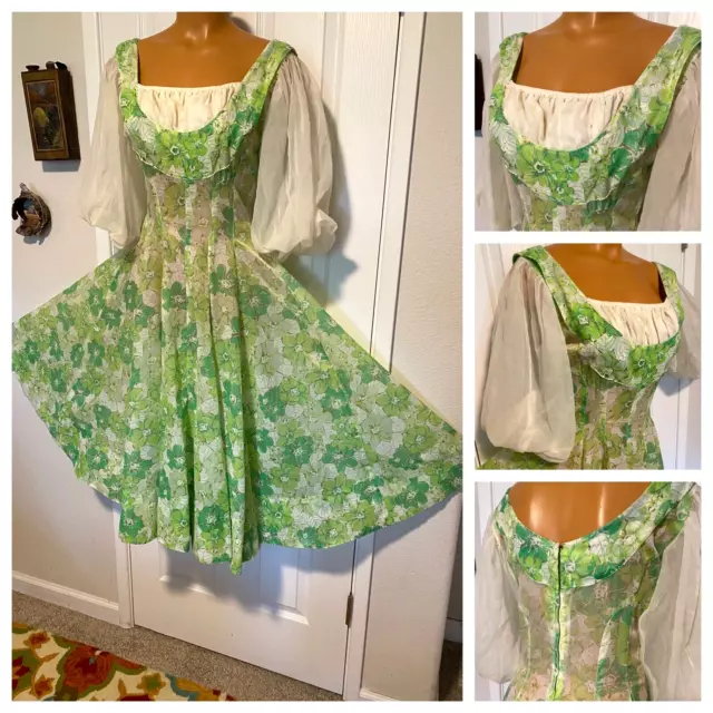 Vtg 50'S Green Floral Sheer Chiffon Garden Party Dress W/ Huge Sweep Sz M