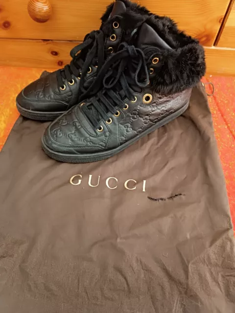 Gucci Femme Boots Bottines Plates En Cuir Et Fourrure Noir 38,5G Avec Sac 270397