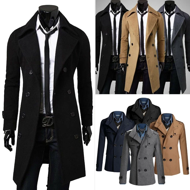 Mens Winter Woolen Trench Coat Overcoat Double Breasted Long Jacket Outwear New