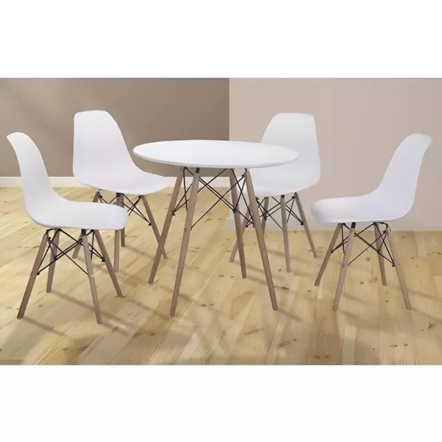 Conjunto comedor estilo nórdico, mesa redonda, 4 sillas, patas madera - Malmo