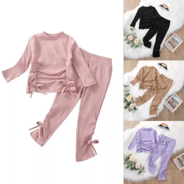 Toddler Kids Baby Girls Clothes Set Ruffle Ribbed Long Sleeve Tops+Pants Outfits