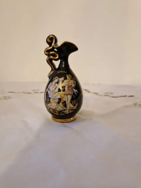 Vintage Black Ceramic Vase Handmade Greece  24 Kt Gold Greek Mythology Figurals 3