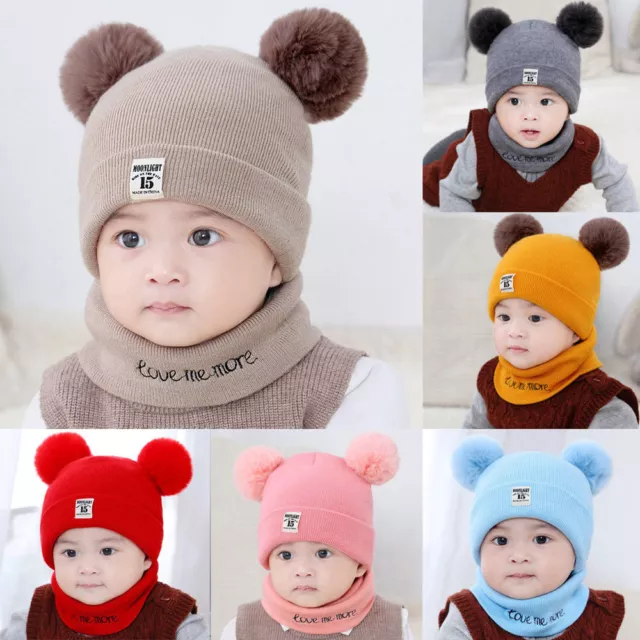 Toddler Kids Baby Boy Girls Winter Warm Pom Bobble Hat Knit Beanie Cap+Scarf Fi