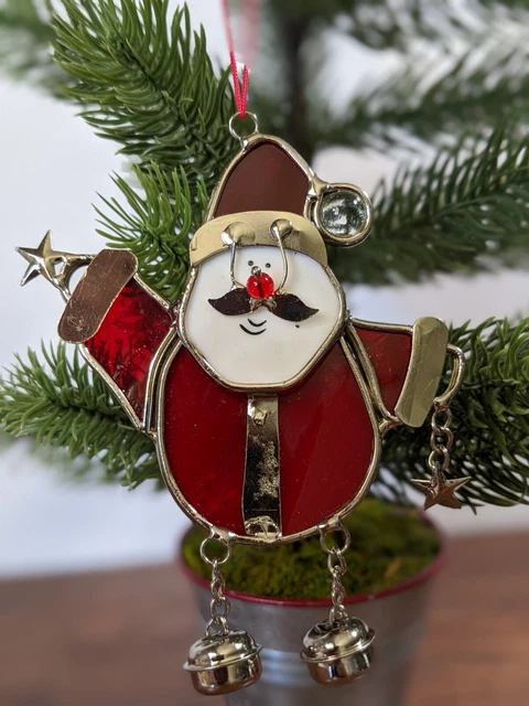 Santa Claus Stained Glass Ornament with Christmas Ornament Bells Holiday Decor