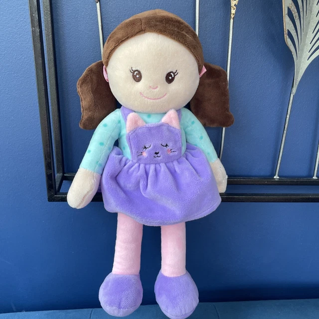Argos Brown Haired Girl Rag Doll In Purple Cat Dress Soft Plush Toy 7-12” vgc