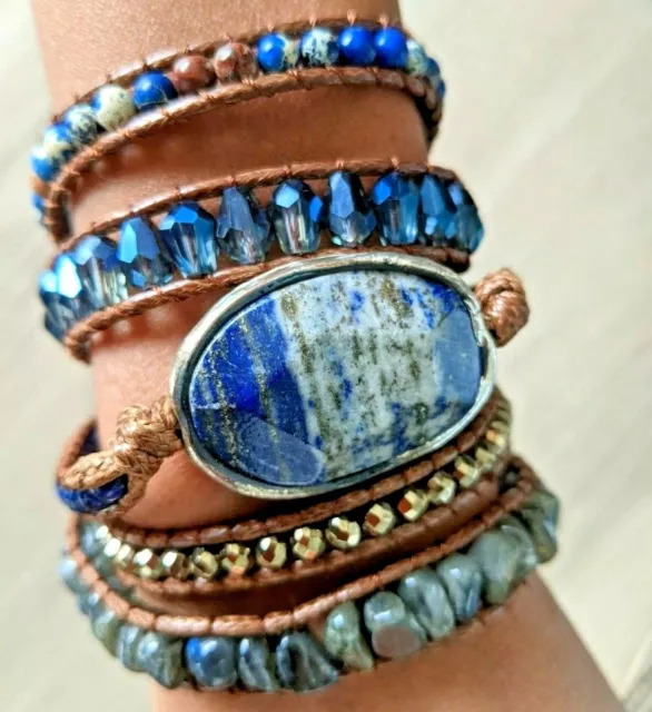 HOT Blue Lapis Lazuli Healing Stone Chakra Leather 5 Strand Wrap Bracelet E24