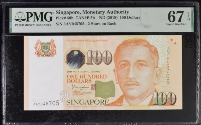 Singapore 100 Dollars ND 2018 P 50 h Superb Gem UNC PMG 67 EPQ