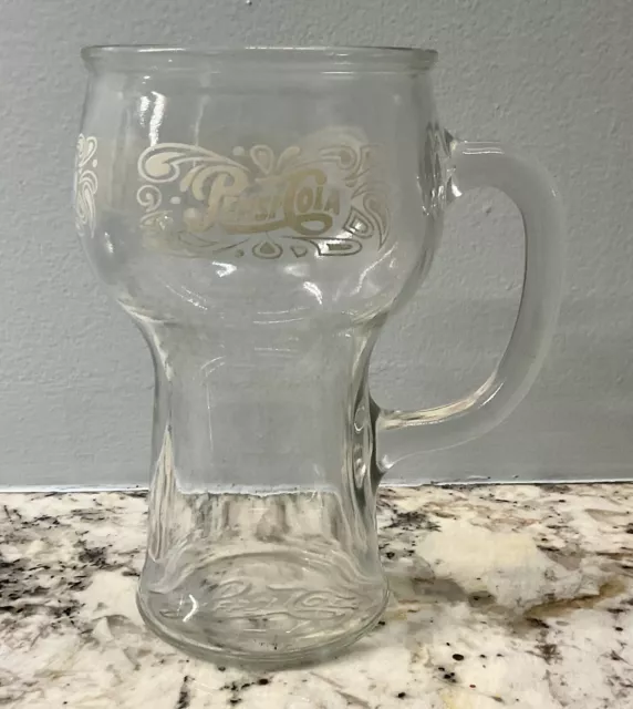Vintage Pepsi Cola Glass Mug Tumbler With Handle Embossed, White Logo 6 1/4"Tall