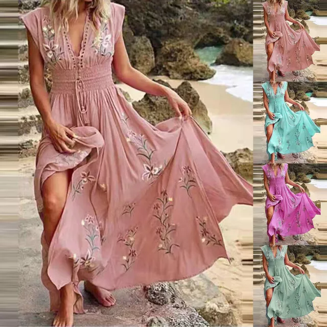 Womens Boho V Neck Floral Maxi Long Dress Ladies Summer Beach Holiday Sundress
