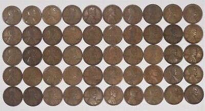 1910 P Lincoln Wheat Cent Penny Average Circ - Fine Full Roll 50 Coins