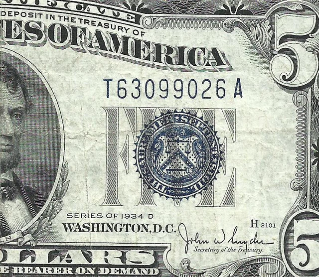 1934D $5 BLUE Seal SILVER Certificate! Old US Paper Money Currency!