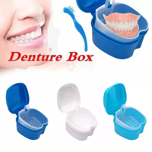 Clean Denture Bath Case Dental False Teeth Storage Box w/Hanging Net Container