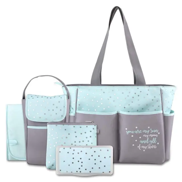 Diaper Bag Tote 5 Piece Set with Sun, Moon, and Stars, Wipes Pocket, Dirty Diape