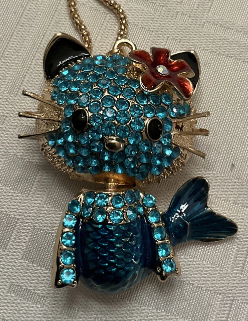 Betsey Johnson Blue Rhinestone Enamel Cat Mermaid Crystal Pendant Chain Necklace