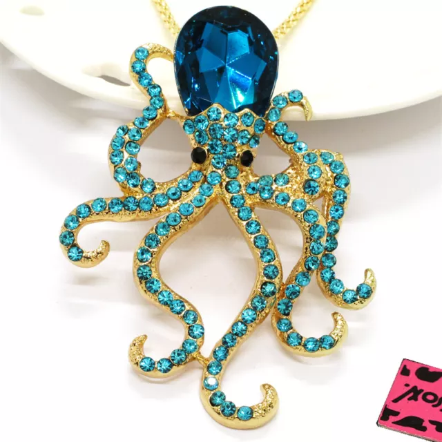 Betsey Johnson Blue Rhinestone Cute Octopus Crystal Pendant Chain Necklace