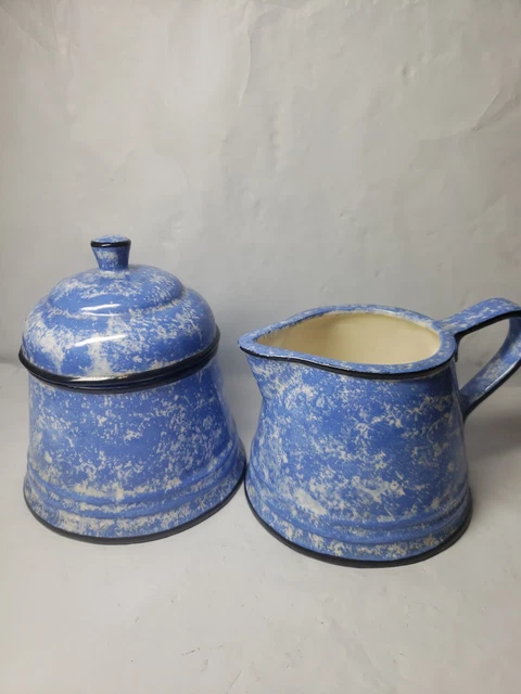 Ceramic Artisan Home Made Creamer And Sugar Bowl Blue Marbling