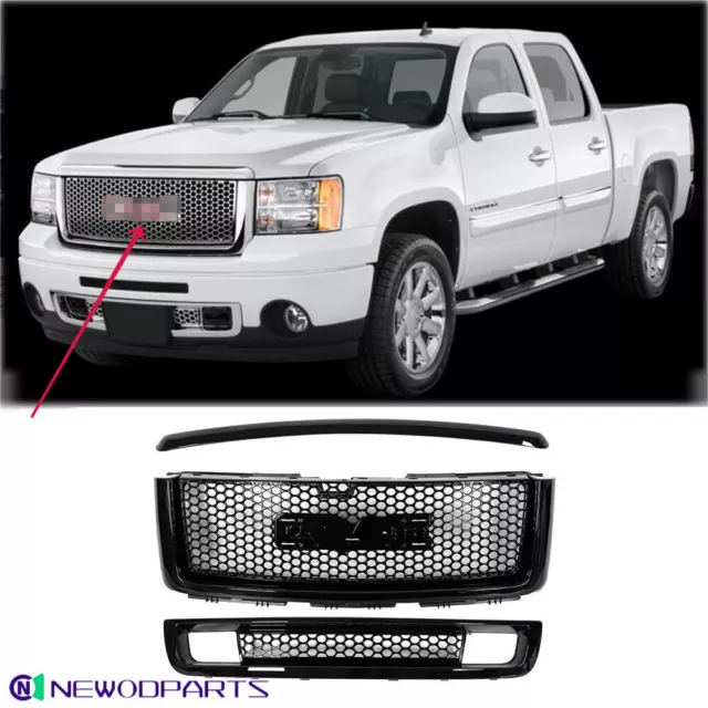 Fits 2007-2013 GMC Sierra 1500 Front Upper Lower Grille/Hood Molding Gloss Black