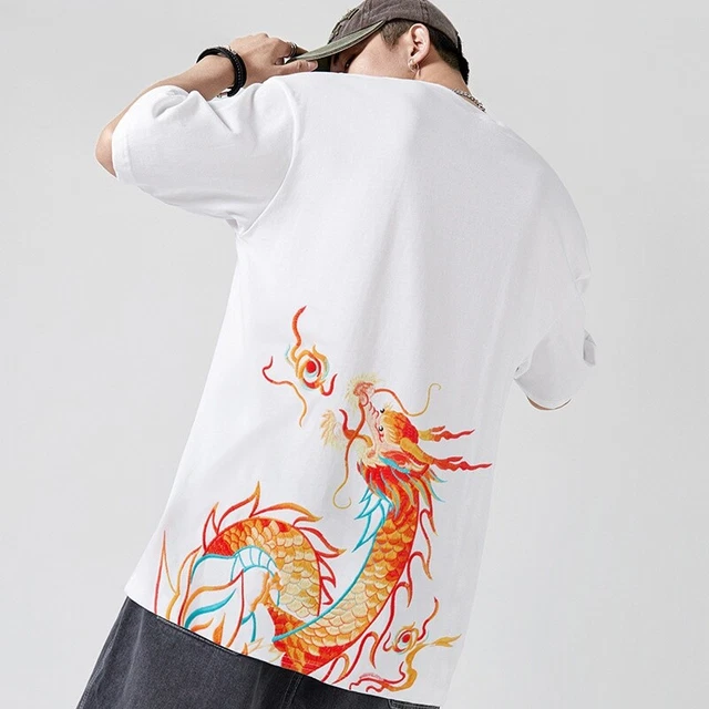 Uomo Ricamo T-Shirt Cinese Camicetta Cotone Manica Corta Casual Maglietta
