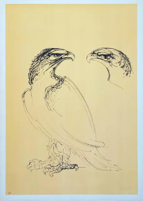 "Aquile" Litografia a due colori di Fabrizio Clerici, cm 50x70 del 1977