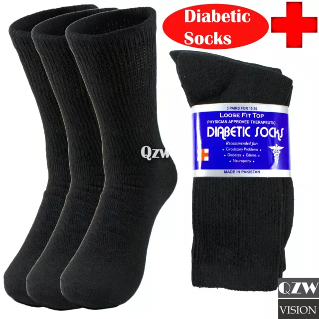 3 6 12 Mens Womens Crew Cotton Diabetic Socks For Health Circulatory Black 9-15