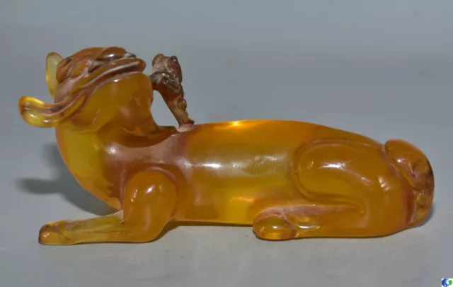 5,2 "vieux ambre chinois sculpté Fengshui Deer Ru yi Statue Sculpture