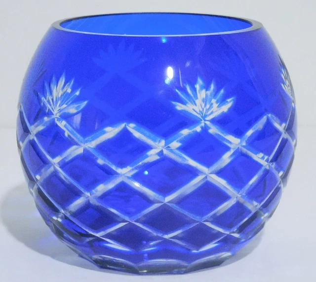 Vintage Cobalt Blue Cut to Clear Crystal Rose Bowl