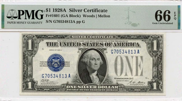 1928A $1 Silver Certificate Blue Seal Fr# 1601 PMG Gem66 EPQ