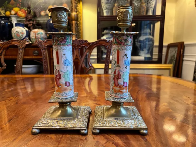 A Pair Rare Chinese Qing Dynasty Porcelain Rose Medallion Candlesticks