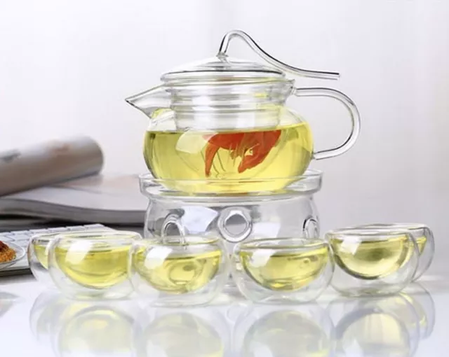 8 Piece Glass Tea Set 600 ml Covered Teapot With Infuser + Teapot Warmer + 6 Cup