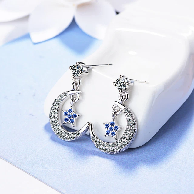 925 Sterling Silver Star Moon Stud Earrings Womens Girls Jewellery New