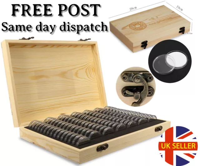 100Pcs Coins Display Storage Box Case Capsules Wooden For Collectible Coin Gift