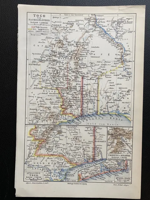 antike historische Landkarte Deutsche Kolonien: Togo und Nachbarländer ca. 1900