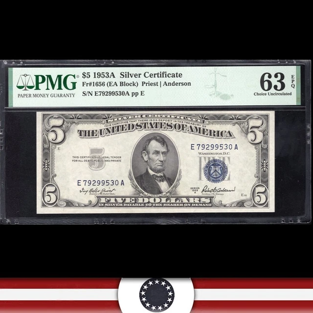 1953-A $5 SILVER CERTIFICATE *E-A Block* PMG 63 EPQ Fr 1656 99530