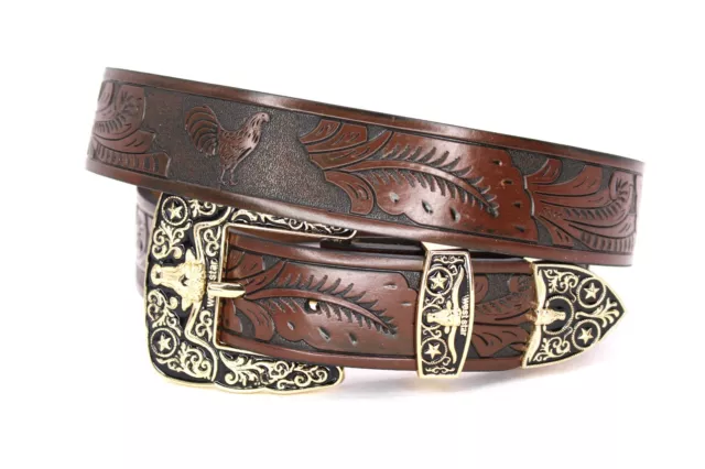 Western Belt Leather Gold Longhorn Bull Rooster Coffee Belt for Pants Size 46