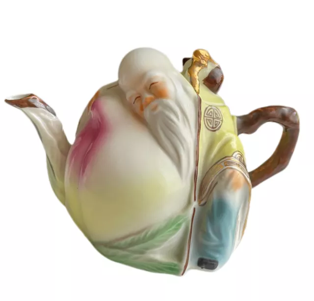 Vintage Ceramic Wise Man Chinese Teapot Old Man Holding Peach Hand Painted China