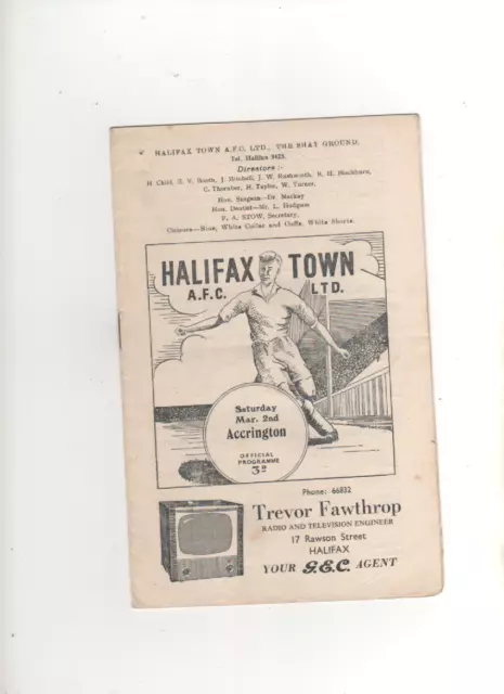 1956-57 Halifax Town v Accrington Stanley 2nd March 1957 Division 3 North