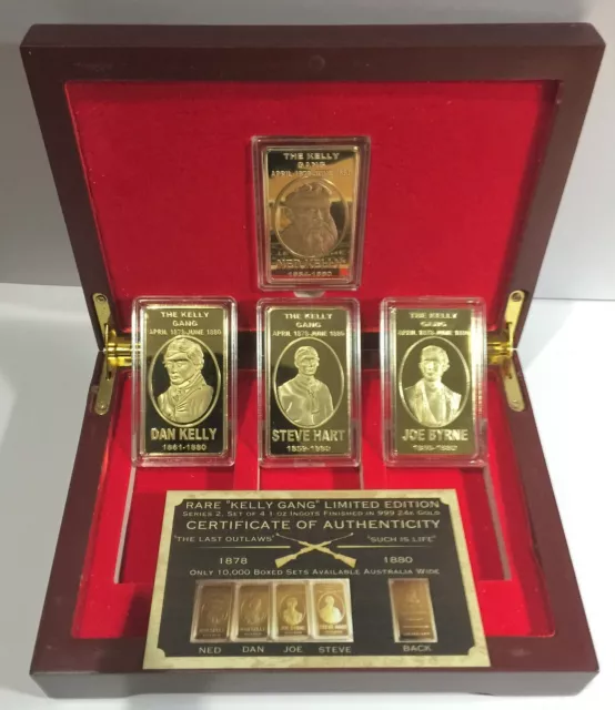 NED KELLY & GANG Set Of 4 x 1oz Ingots With D/Box Finished in 999 24k Gold Ser 2