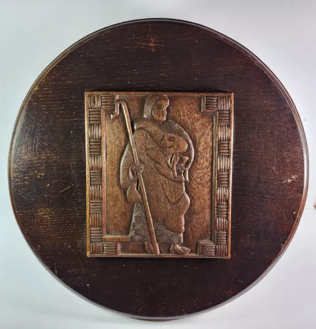 Gran Placa De Madera Tallada A Mano En Caballete De Colección Diseño Pastor Y Cordero